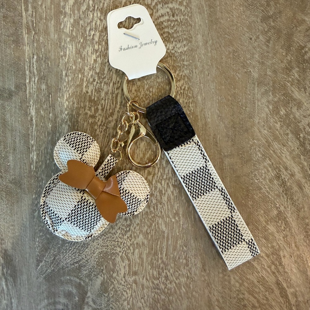 Party pack- Plaid Minnie Ear Keychain with Tan Bow - Set of 3